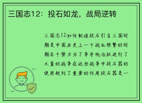 三国志12：投石如龙，战局逆转