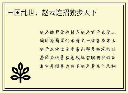 三国乱世，赵云连招独步天下