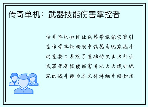 传奇单机：武器技能伤害掌控者